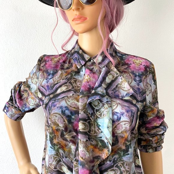 Blouse with Ruffles Jabot Blouse Designer Top RACHEL ROY Artsy Bohemian Unique S - Picture 9 of 10